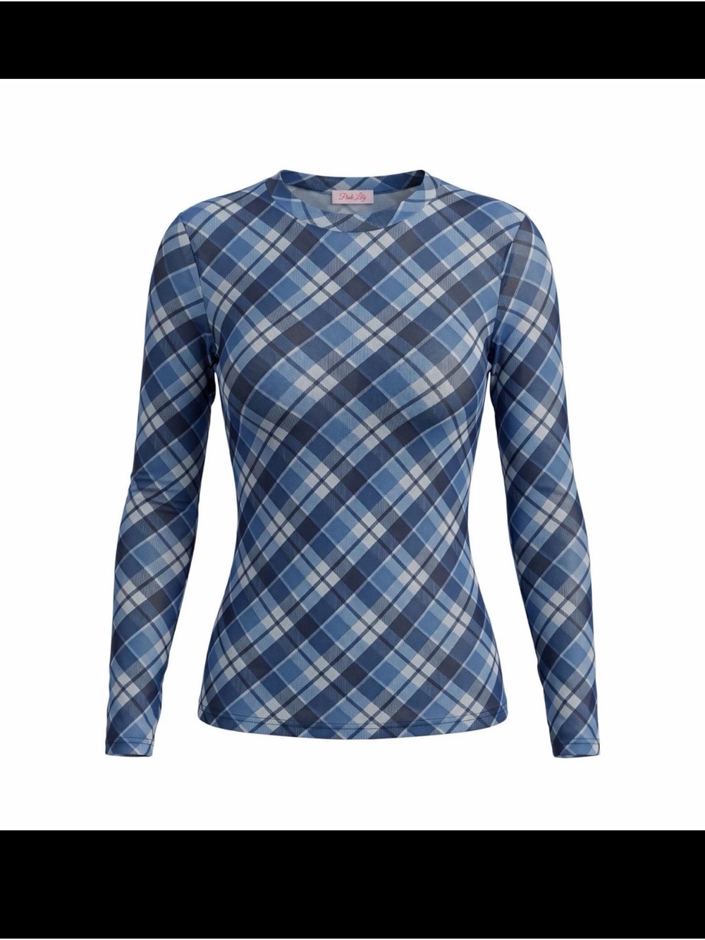 Pink Lily Mesh Top Blue Plaid Long Sleeve Sheer Crew Neck Stretch - Sz M Shirt